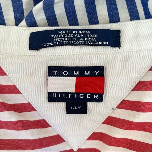 VINTAGE TOMMY HILFIGER colorblock stripe grandad collar oxford button down large - Picture 12 of 12